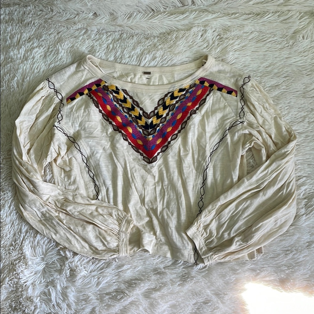Free People Colorful Embroidered Cream Top